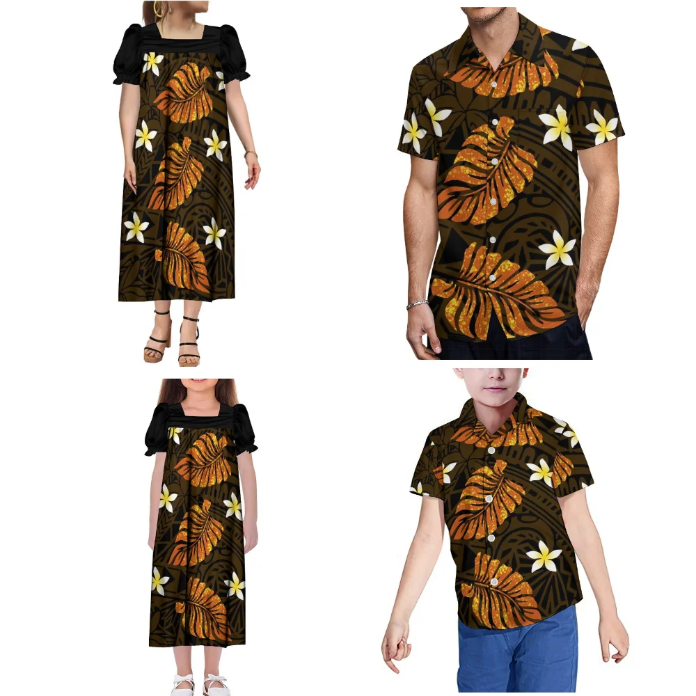 Microsia Summer Short-Sleeved 4-Piece Polynesian Family Party Dress Custom Mumu Square Collar Dress With Tribal Pattern