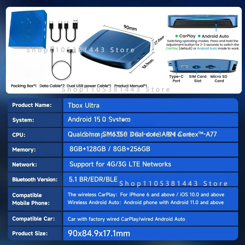 15 Spilt Screen Sm6350 Carplay Adapter 8 Rom 128 Ram 512Gb Video Tv Wireless Car Play Auto