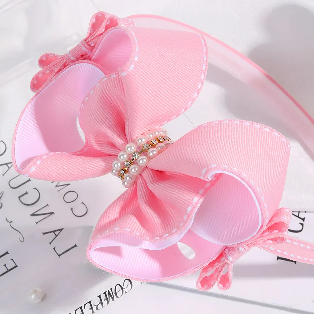 Fashion Ribbon Bow Hairband Sweet Pearl Headbands Princess Rhinestone Hair Bands Kids Headwear Boutique Party Birthday Gift