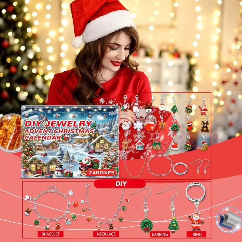 Jewelry Charm Advent Calendar Christmas Countdown Bracelets Calendar Necklace Earrings Ring Making Kit Kids Girls Christmas Gift