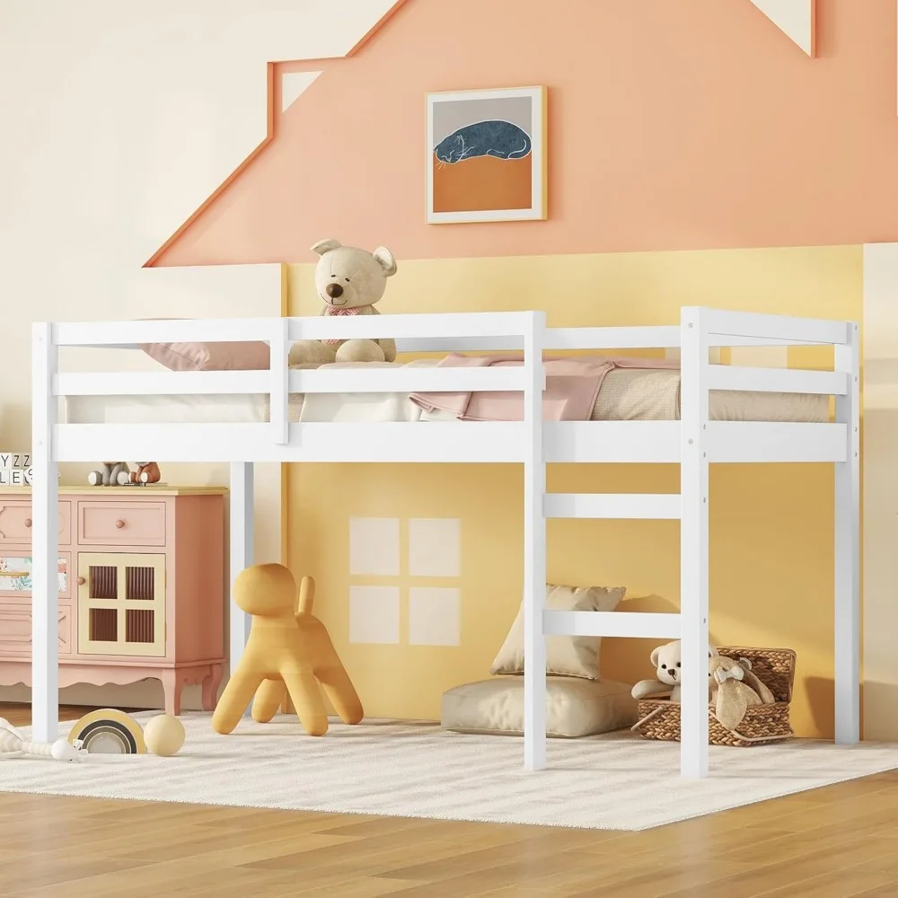

Low Loft Bed Twin Size, Kids Solid Wood Modern Loft Bed Frame with Ladder and Safety Guardrail for Girls Boys, Noise-Free,Non-To