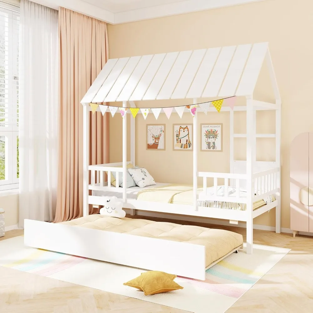 Cama doble Giantex con cama nido doble, estructura de cama Montessori de madera con techo y barandilla de seguridad para niños, adolescentes, niños o