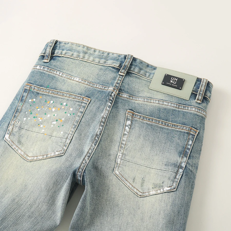 Street Designer Fashion Men Jeans High Quality Retro Washed Stretch Slim Fit Painted Ripped Jeans Men Vintage Y2K Denim Pants