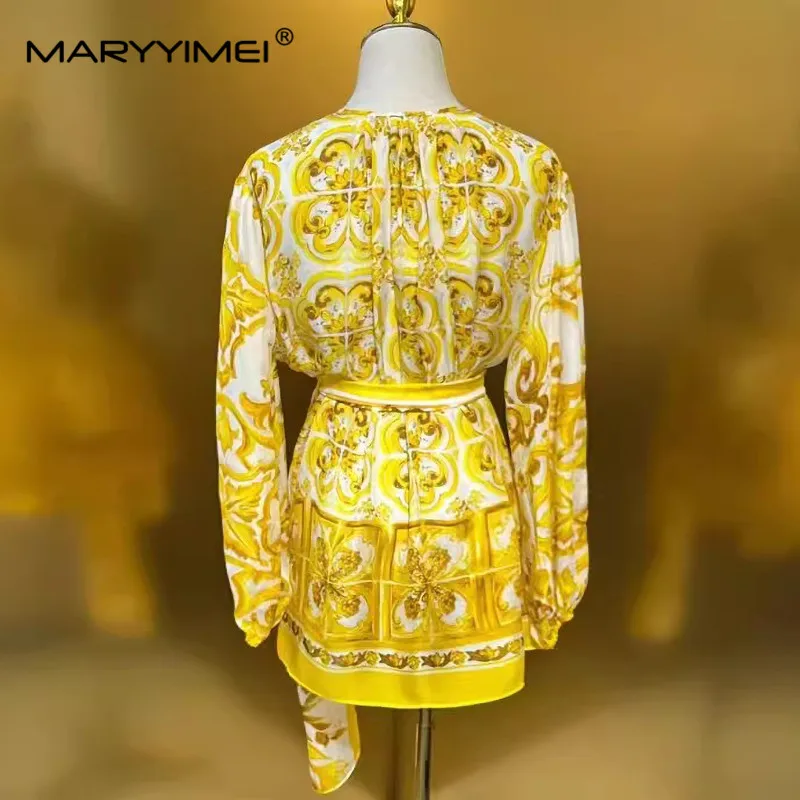 MARYYIMEI Fashion Designer Spring Summer Women\'s cotton shorts Lace-UP Baroque Print Streetwear Long-Sleeved Silk Tops