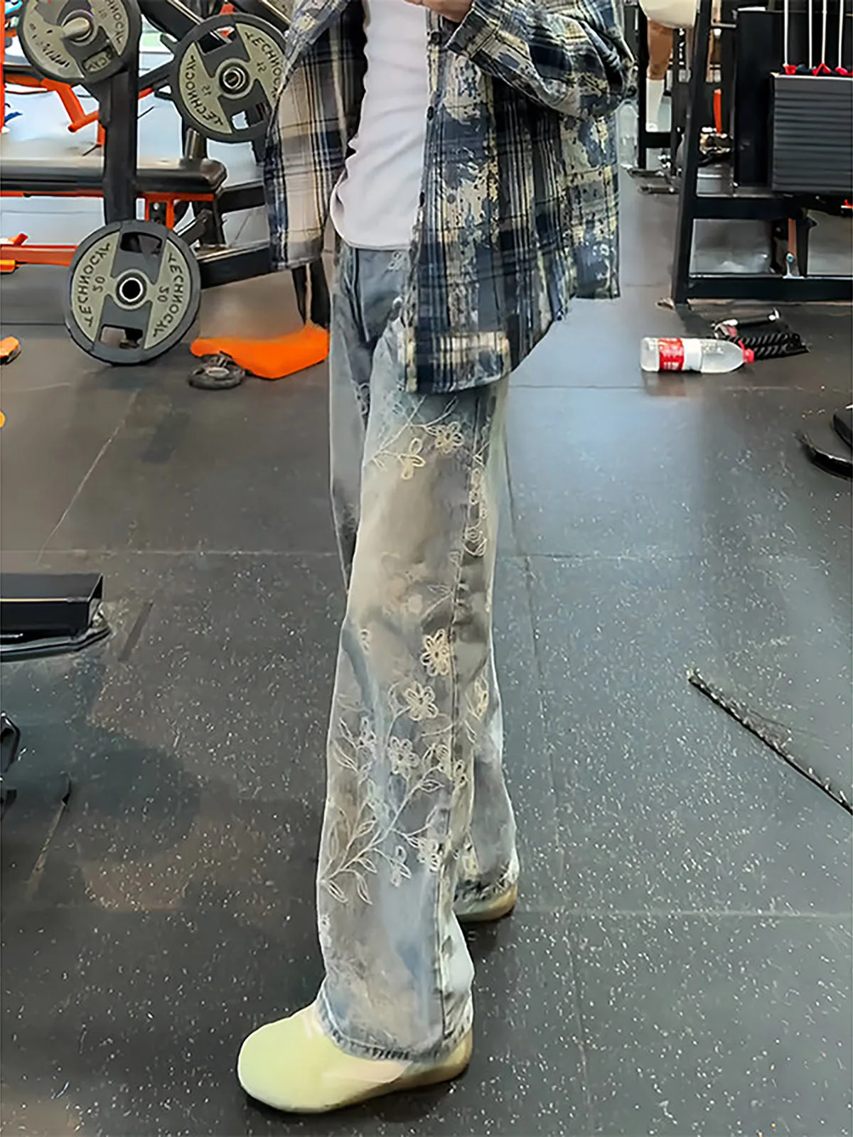 

Light Blue Printed Denim Jeans Men's Style Spring Vibe High-End Feeling Cool Teenager Straight Leg Flared Pants