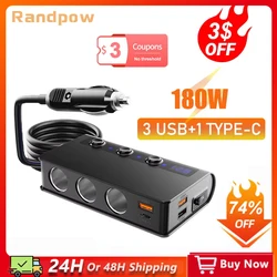 Randpow Type C Socket Splitter QC3.0 4 USB Port Car Charger Lighter USB Charger 180W Cigarette Lighter Adapte Auto Power Adapter