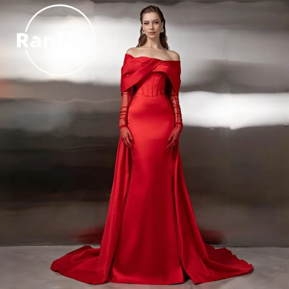 Ranmo Customized 2026 New Red Mermaid Off Shoulder Prom Dresses Vestidos De Fiesta Pleated Corest Floor Length Evening Dresses