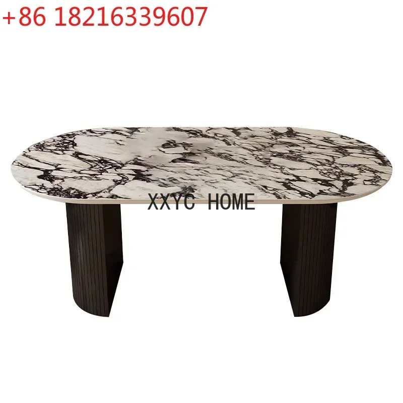 TAO French Bulgari Marble Dining-Table Calacatta Purple Rock Plate Light Luxury and Simplicity Ellipse Dining Table