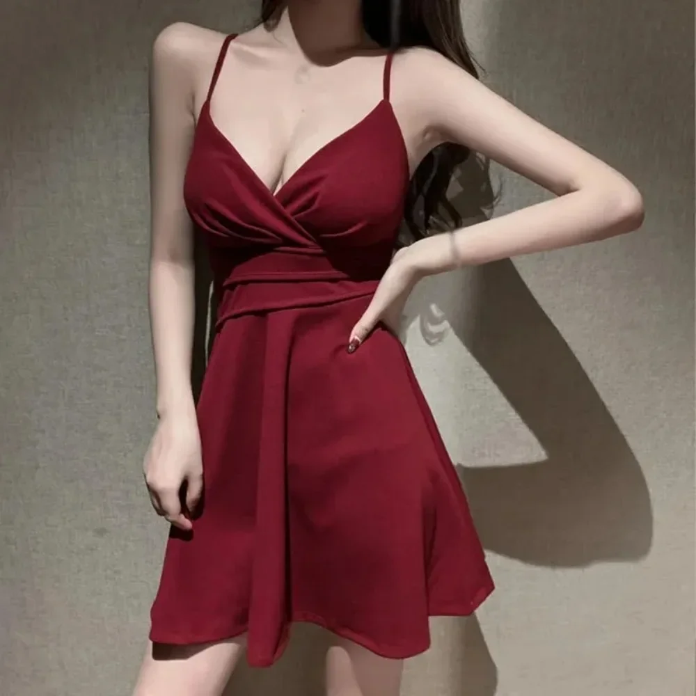 Nachtclub Mädchen Sexy Kleid V-ausschnitt Flare Röcke Frauen Weinrot Schlank Bodycon Mini Kleider Weibliche Sommer Kleidung