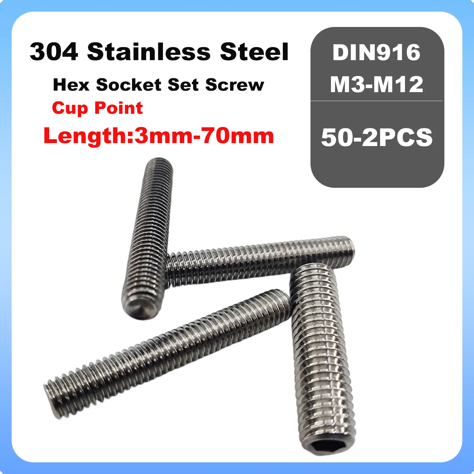 DIN916 304 Stainless Steel Hex Socket Allen Set Screw Grub Headless Bolt M3-M12 Sizes 2/5/10/20/50Pc Hexagon Cup Point Fastener