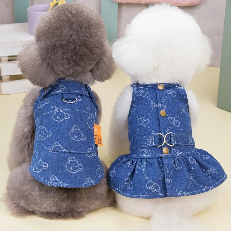 Dog Denim Dress for Small Dogs, Dark Wash Jeans Vest Tutu Skirts with Leash D-ring,Summer Clothes Yorkie Chihuahua Pet Apparel