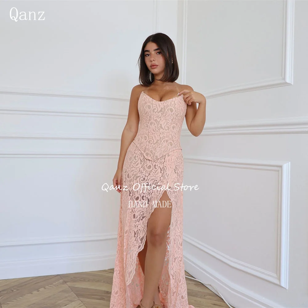 

Qanz Graceful Women Prom Dress Mermaid Pink Lace High Slit Formal Evening Dress Sleeveless Vestidos De Fiesta Mujer Customized