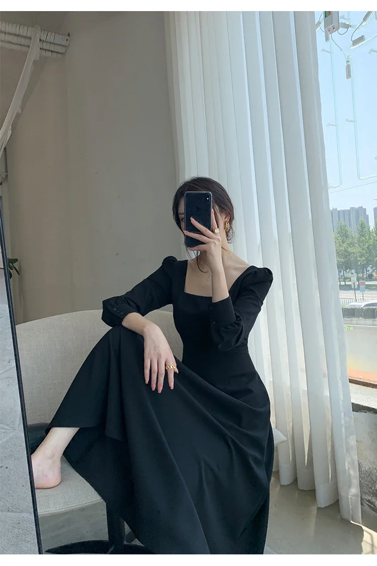 Korean Dresses Spring Autumn 2024 Women New Long-Sleeved French Vintage Hepburn Style Square Neck Black Long Dress Christmas