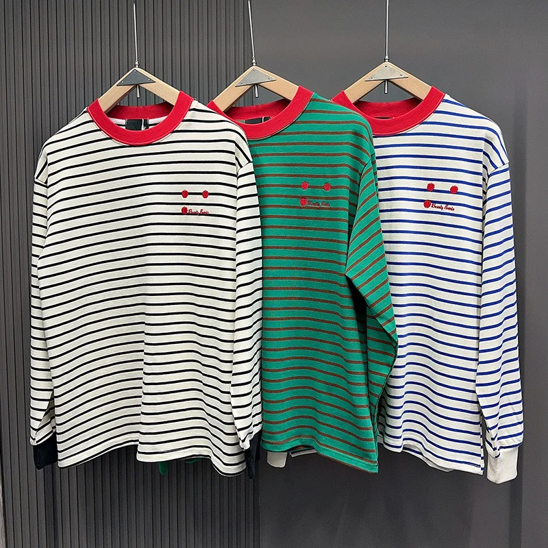 

Футболка с длинным рукавом с вышивкой и логотипом красного яблока для мужчин и женщин, осень-весна, свободная черная, синяя, зеленая футболка, офисная одежда для пригородных поездок