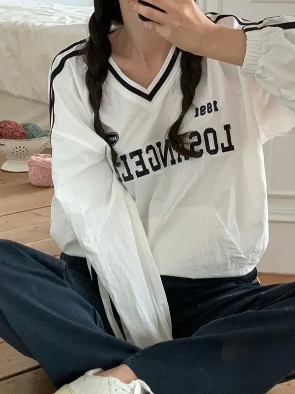 

American Casual Embroidered Letter Drawstring Design Long Sleeve Sweatshirt Women's Fashion Design Sense Anti-aging T-shirt