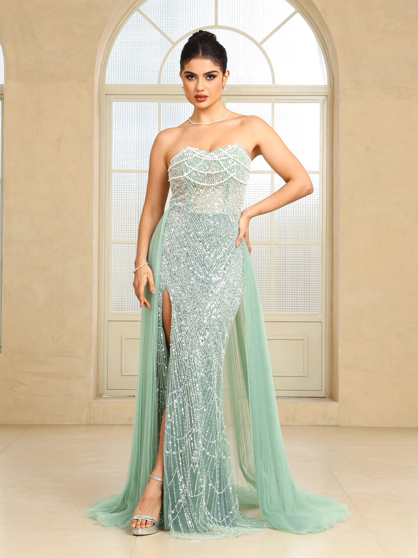 2025 New Beaded Evening Dresses Luxury Sequins Beading Strapless Backless Prom Dress Sexy Sheer Split Tulle Train Formal Vestido