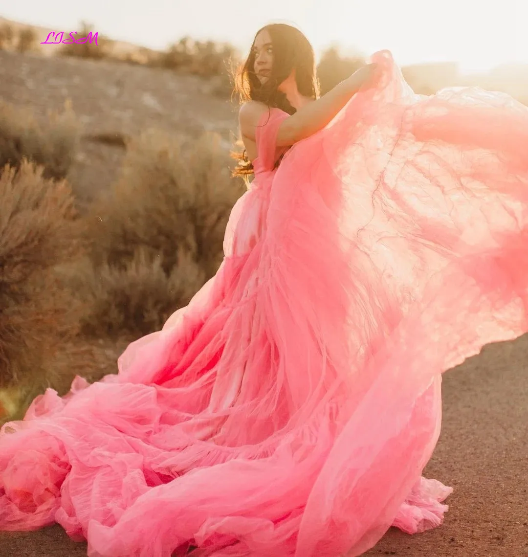 Vestido de graduación Rosa sandía encantador, vestido de maternidad de tul con hombros descubiertos, tren largo para sesión de fotos, vestidos de fiesta de noche elegantes