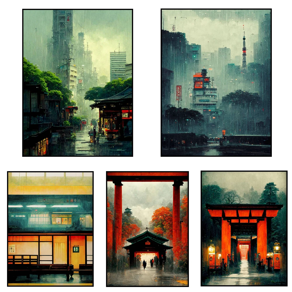 Artwork depicting the night view of a Japanese train station platform – Tokyo rain scene and Kyoto shrine cityscape poster