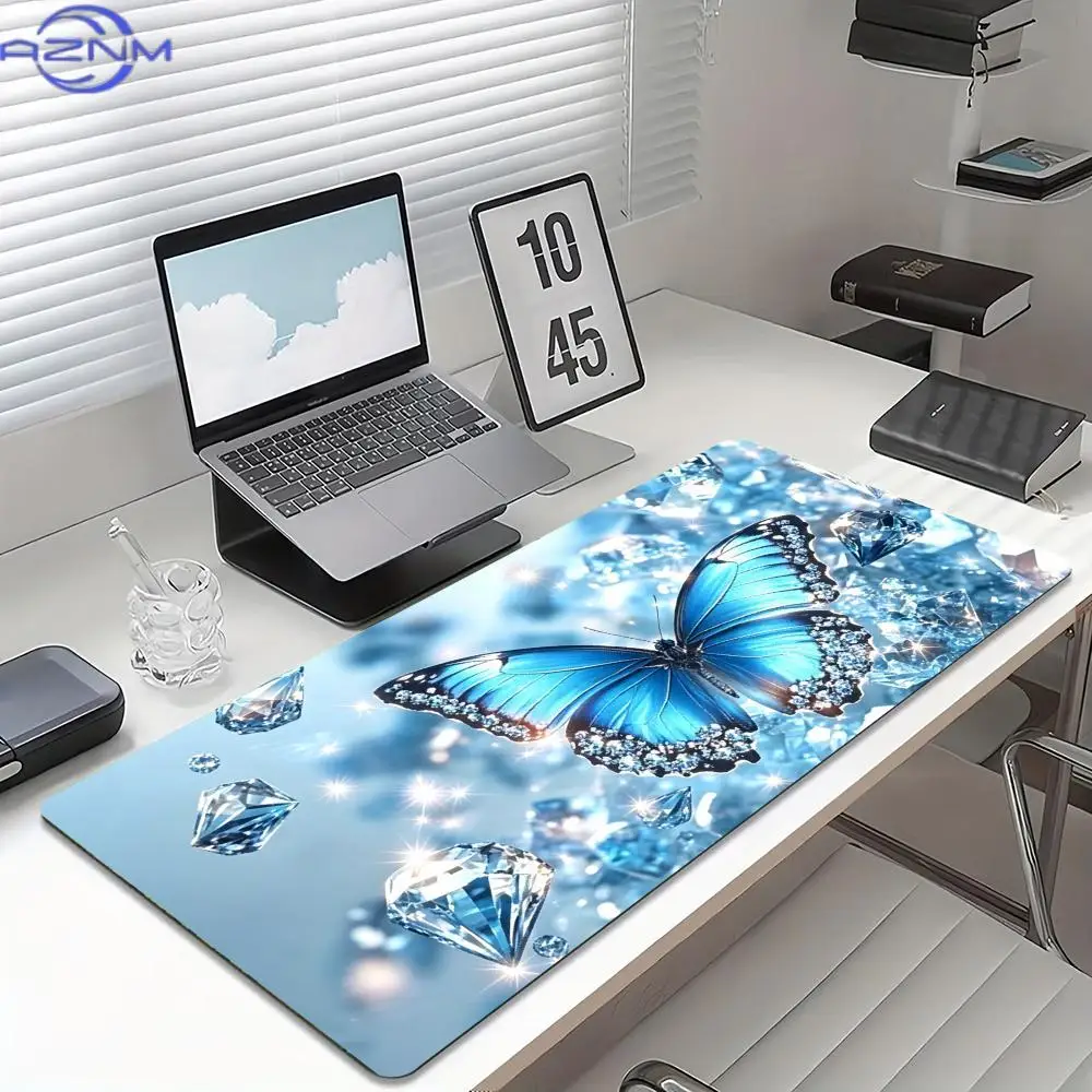 Blue Butterfly Gaming Mouse Pad Crystal Glitter Non Slip Rubber Smooth Large Desk Mat For Gamers Office Desktop Stationery