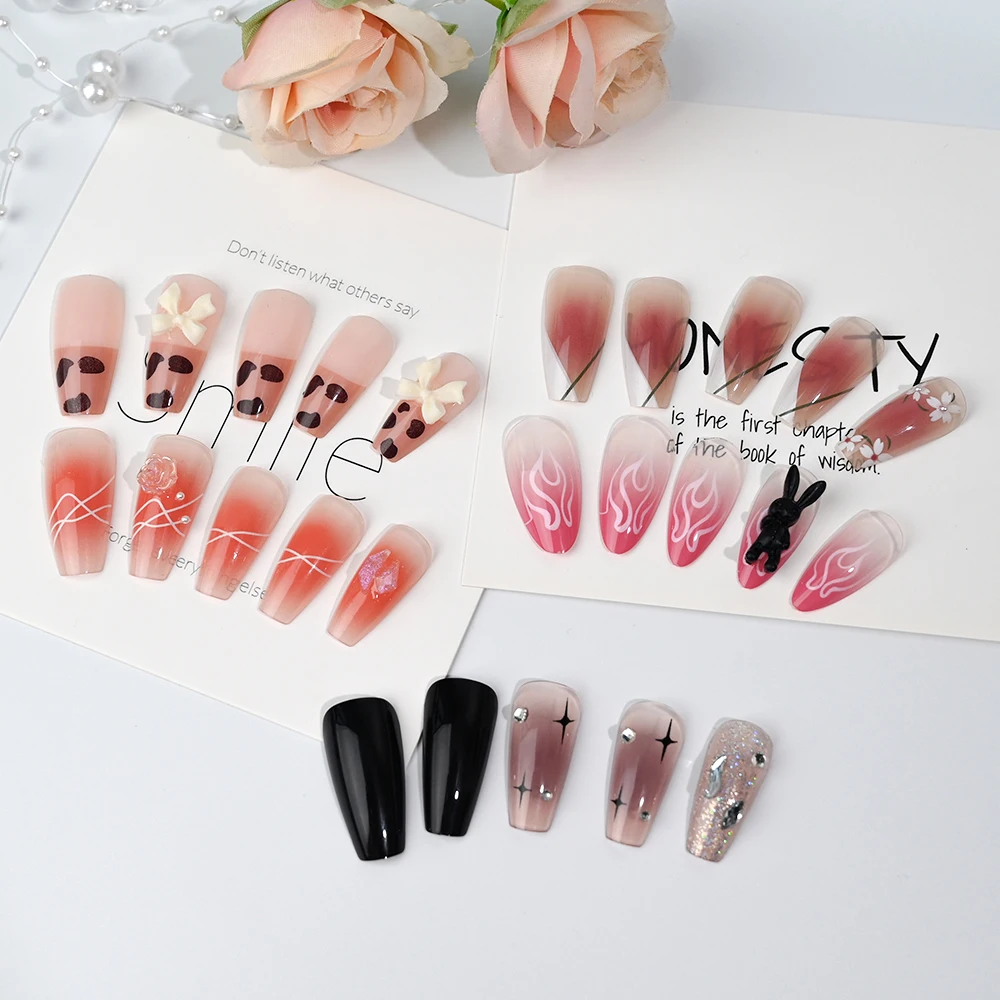 144pcs Elegant 3D Floral & Rabbit Press On Nails Set Long Almond/Sqare Shaped False Nails Mixed Color System Fake Nails *6 Boxes