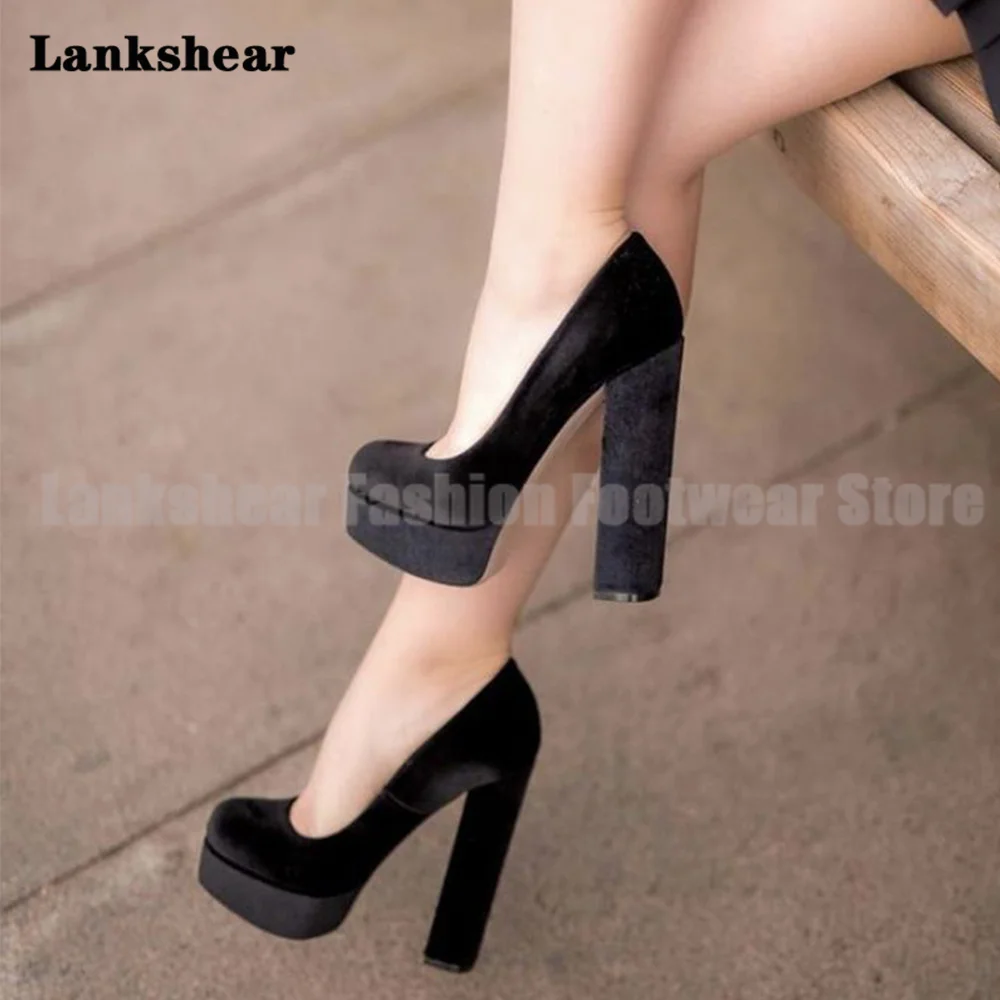 

Black Velvet Platform Chunky Heel Pumps for Women Slip On Round Toe Sandals Ladies Party Dress Shoes Sandalias De Mujer Verano