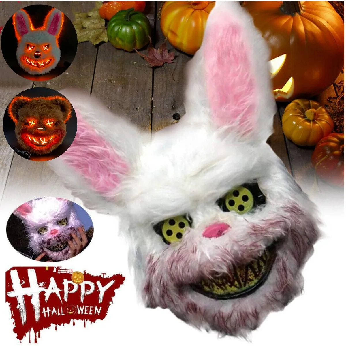 LED Mad Rabbit Scary Light up Mask Bunny Halloween Costume Cosplay Fancy Dress Women Men Fun Mask Dancing Eye Mask