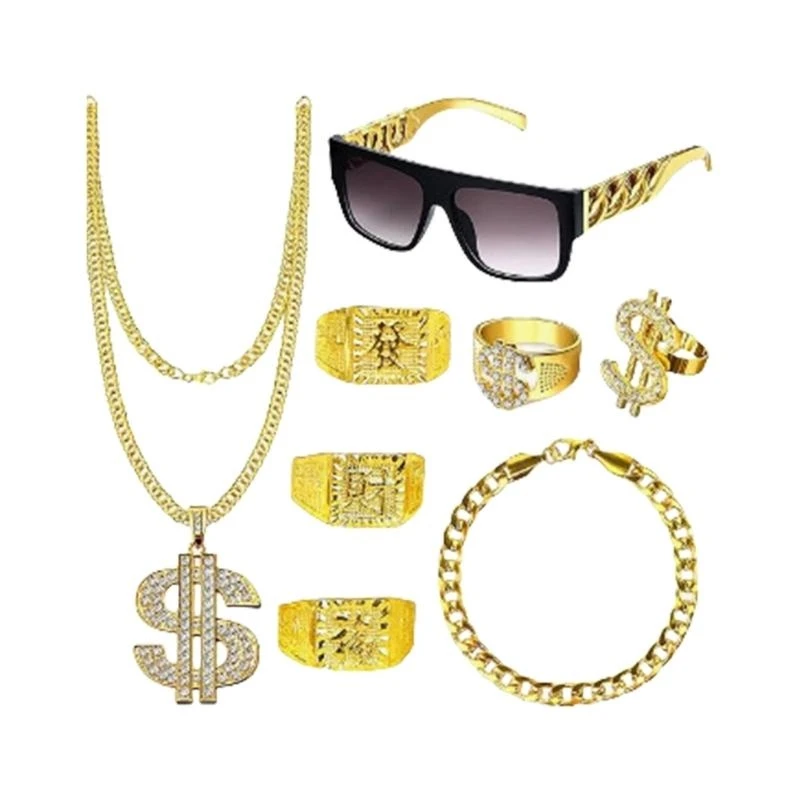 Y5GC 8Pcs Hip Hop Costume Dollar Sign Pendant Necklace Hip Hop Dollar Rings Sunglasses Bracelets Set Rapper Accessories