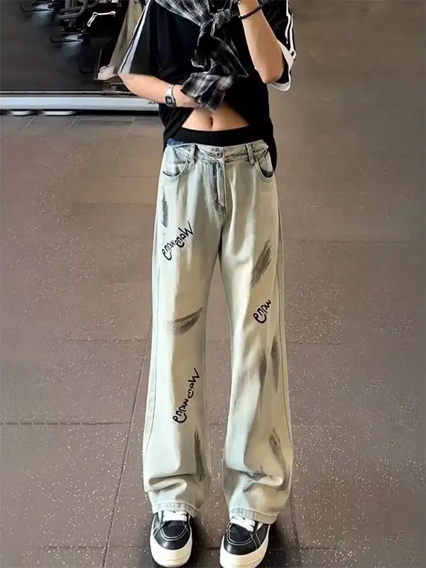 

Джинсовые джинсы с каракулями, мужские весенне-осенние американские брюки High Street Vibe, тонкие прямые брюки-клеш с микро-ножом