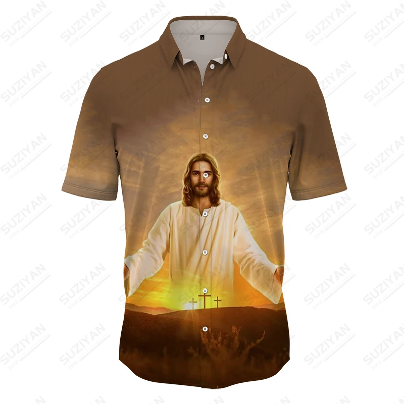 

Summer Men's Shirt Jesus Christian 3D Printed Religious Floral Casual Style Fashion Trend Beachwear Clothing Tropic Shopping