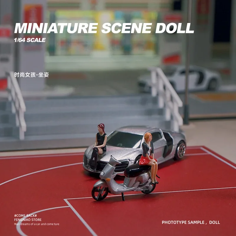 Miniature Model 1:64 Scale Micro Landscape Fashion Uniform Figure Car Show Girl Models Bench Motorcycle Display Street Women Toy