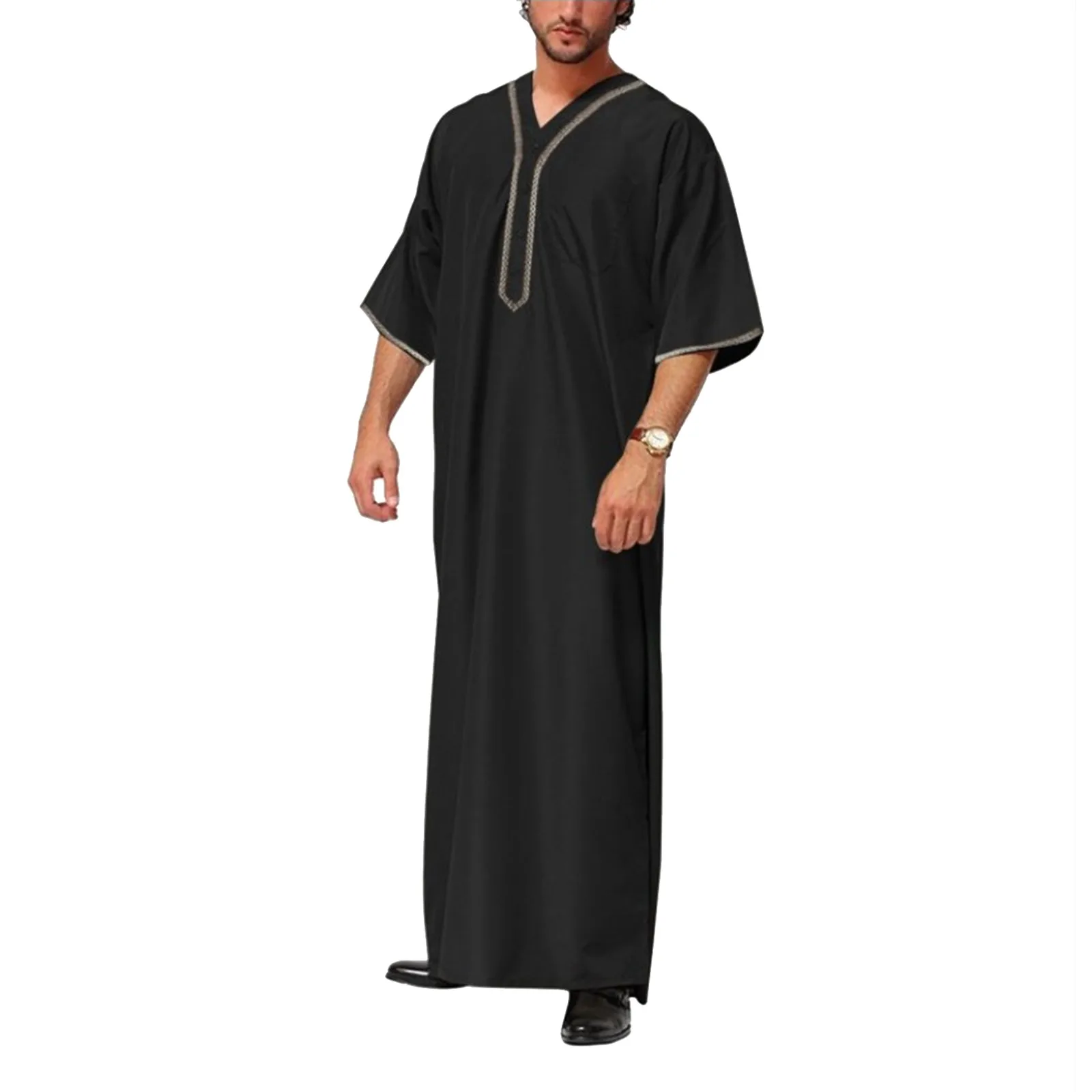 Muçulmano jubba thobe para homens, cor sólida, v pescoço, camisa islâmica, kaftan árabe, abaya, eid ramadan