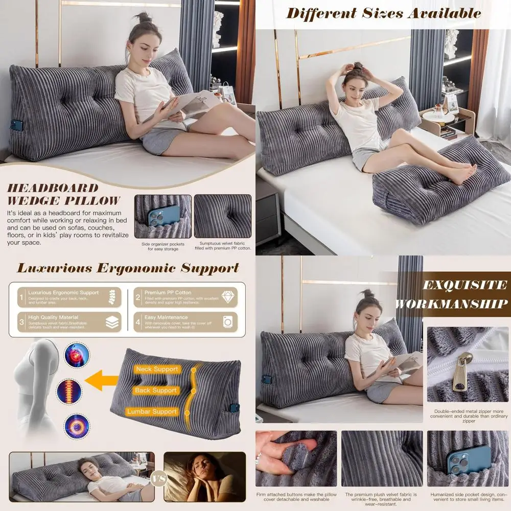 

King Size Grey Triangular Wedge Reading Pillow with Removable Cover, 76x8x20 Inches