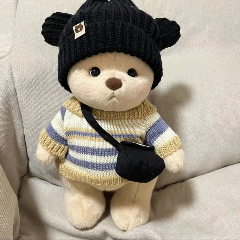 

Lena 30cm Jointed Bear Outfit Set Black Bear Ear Knit Hat Striped Sweater Crossbody Bag For DIY Dress Up Plush Bear Accessories