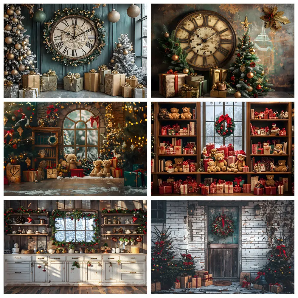 Christmas Photography Backdrops Indoor Palace Green Giant Clock Xmas Tree Gift Family Party Background Decor Photo Studio Props