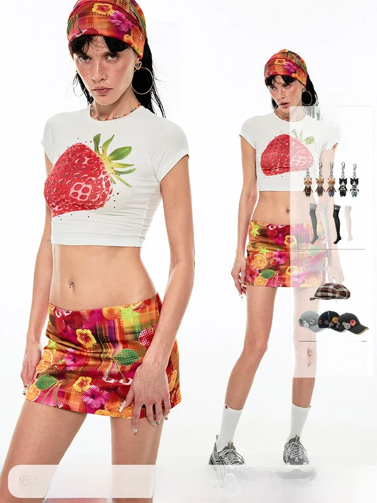 

Летняя футболка с фруктовым принтом, высокоэластичная, приятная для кожи, с цветочным узором, круглым вырезом, женский топ JINN STUDIO