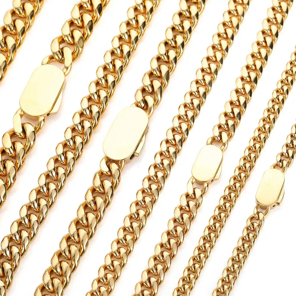 Hip Hop Jewelry 6-12mm Men Chunky Miami Cuban Link Chock Necklace Stainless Steel Gold Plated Chain with Gift Box