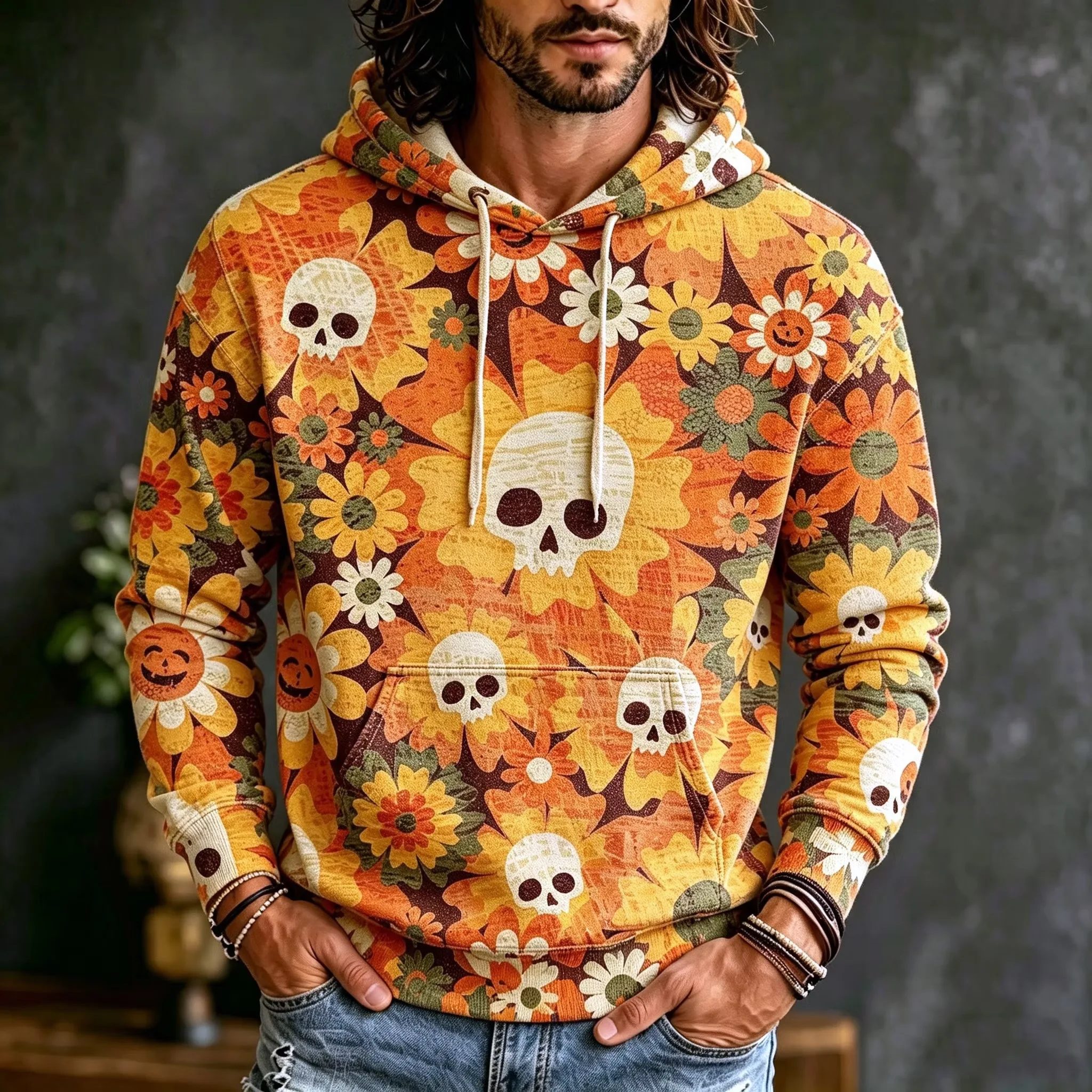 Men Retro Halloween Floral Skull Hoodie Vintage Flower Pumpkin Skull 3D All‑Over‑Print Drawstring Pocket Pullover Sweatshirt