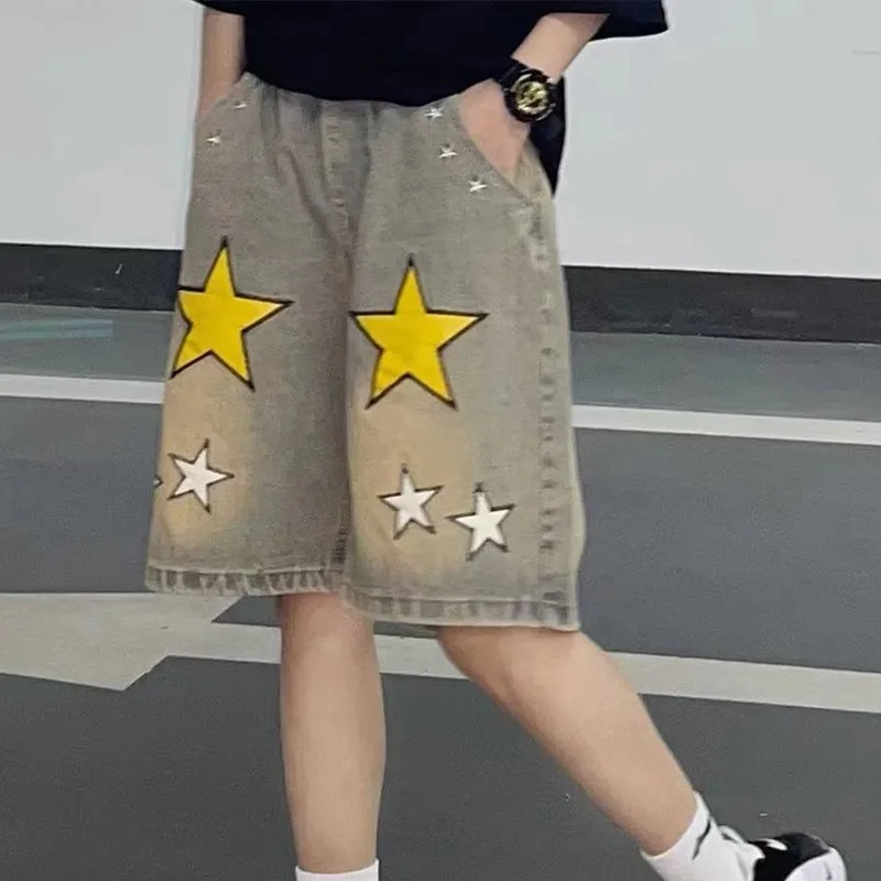 

Hip Hop Y 2k Star Graphic Denim Pants 90s Vintage Wide Leg Short Pants Korean Stylish Jeans 2000s Aesthetic Trendy Baggy Jorts