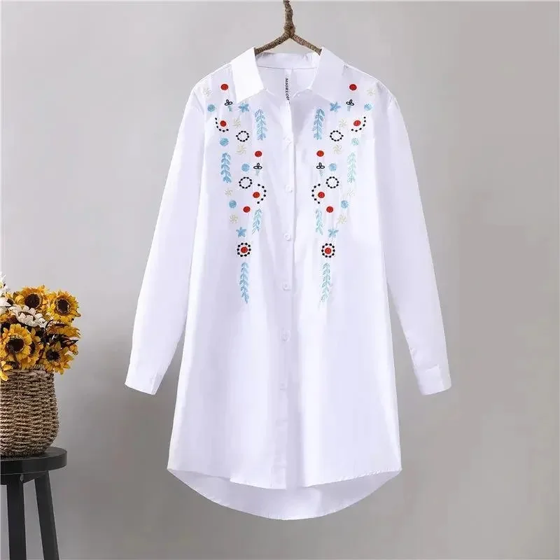 New Female Embroidery Long Sleeved White Shirt Tops Spring Summer Women Loose Blouse Jacket 2024 Ladies Cardigan Blouse Outwear