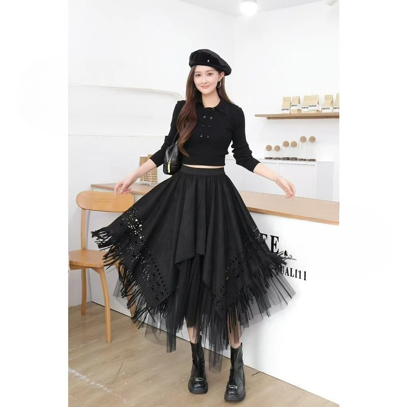 フリンジ付き秋冬フェイク鹿革フリーススカートハイウエストAライン不規則なメッシュスカートハイエンドファッショナブルな婦人服