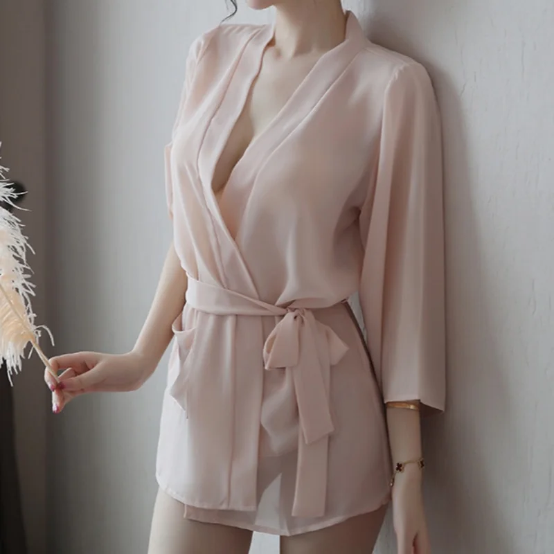 Women Summer One Piece Slip Dress With Long Sleeve V-Neck Chiffon Nightdress Free Size Thin Soft Girls Loose Sexy Solid Dress