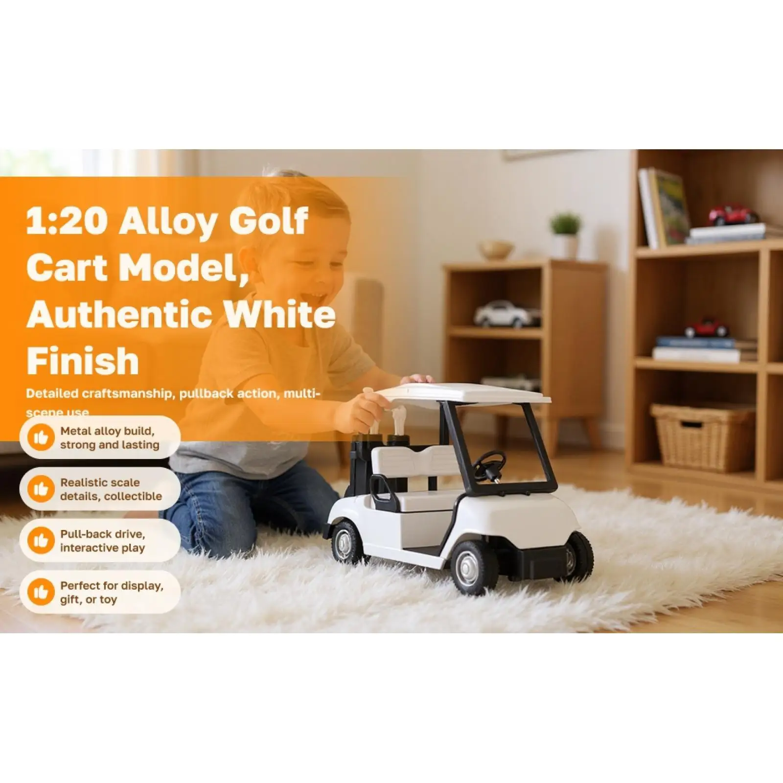 รถกอล์ฟโลหะผสมแบบดึงกลับ 20 คัน + ชุดของเล่นโมเดลรถไดแคสต์พร้อมไม้กอล์ฟ ชุดตกแต่งโต๊ะทำงาน – สีขาว