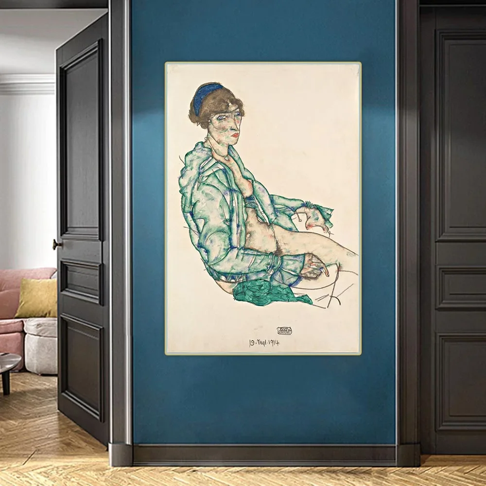 Sitting Semi Nude with Blue Hairband by Egon Schiele Canvas Oil Painting Aesthetics Picture Wall Hanging Decor Home Decoration