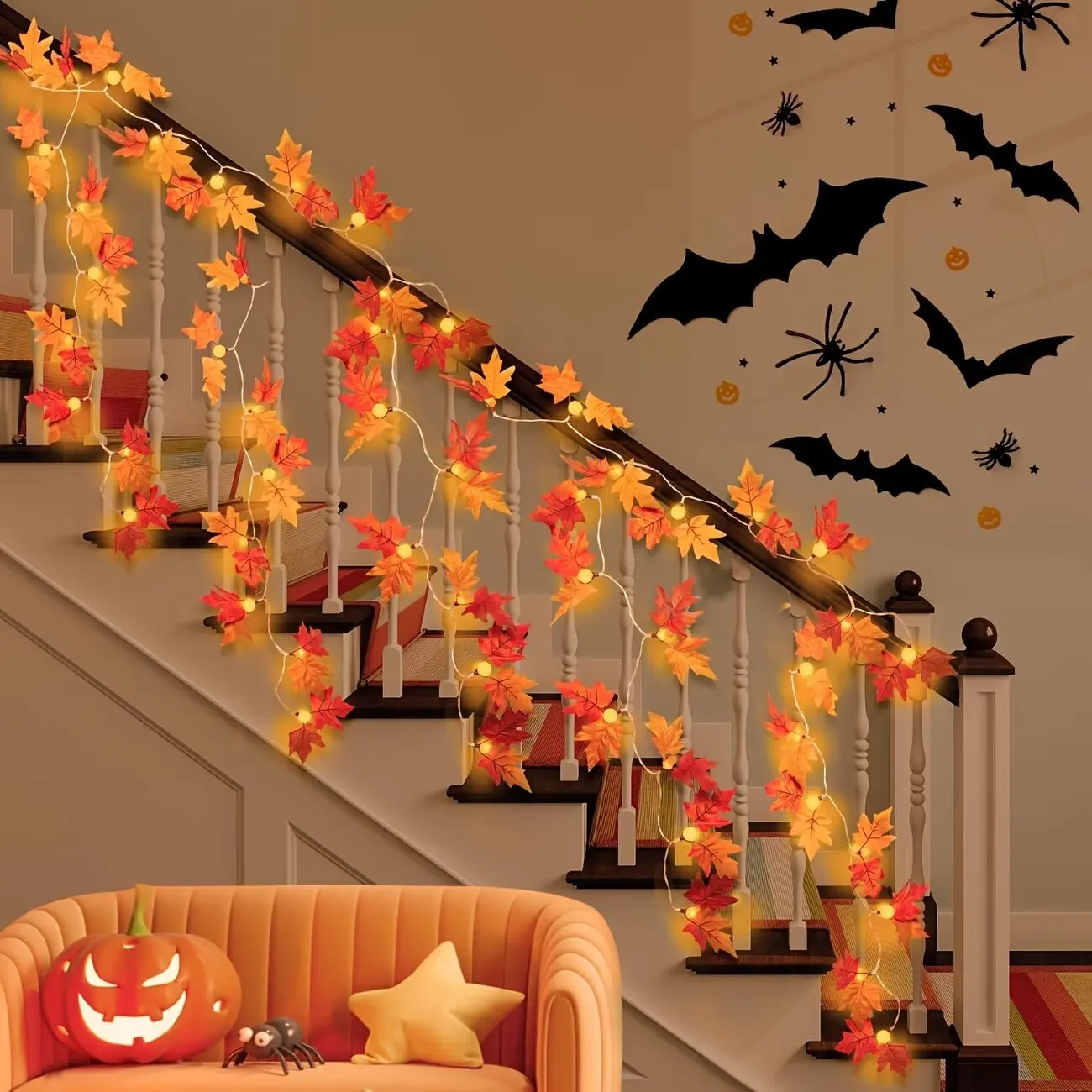 10/20 LED Maple Pumpkin Wreath Light  Battery Powered Realistic Fall Halloween Christmas Decor Indoor Outdoor Atmosphere Light