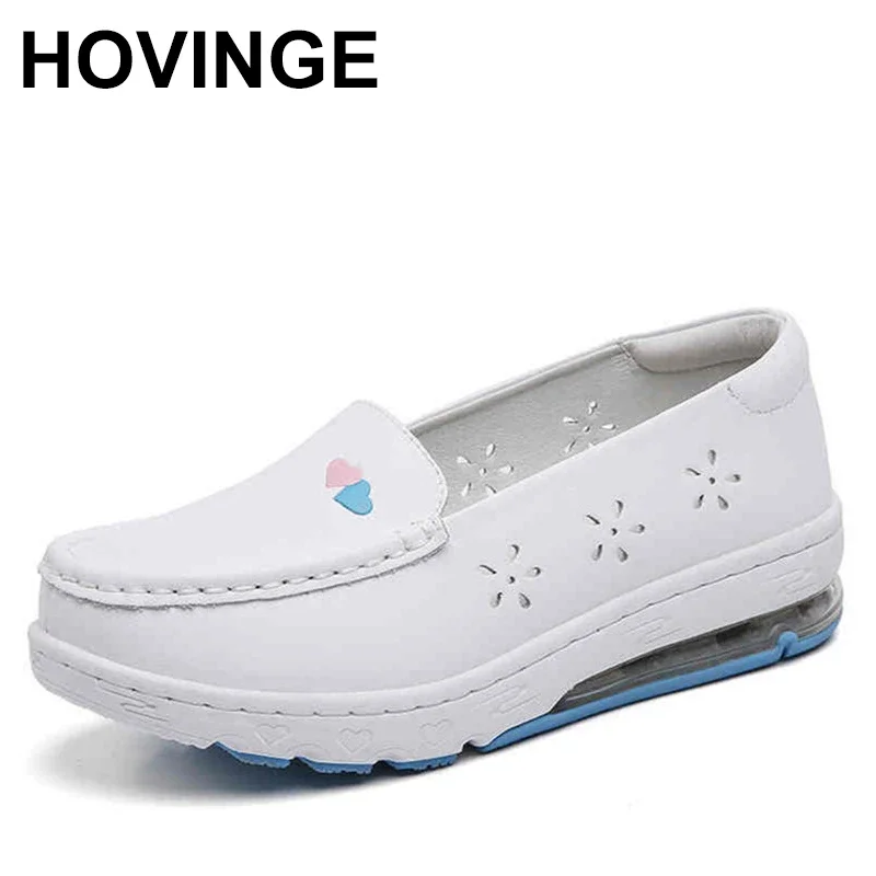 HOVINGE Fashion White Shoes Air Cushion Women Sneakers Flats Platform Soft Split Leather Shoes Breathable Casual Shoes Loaf