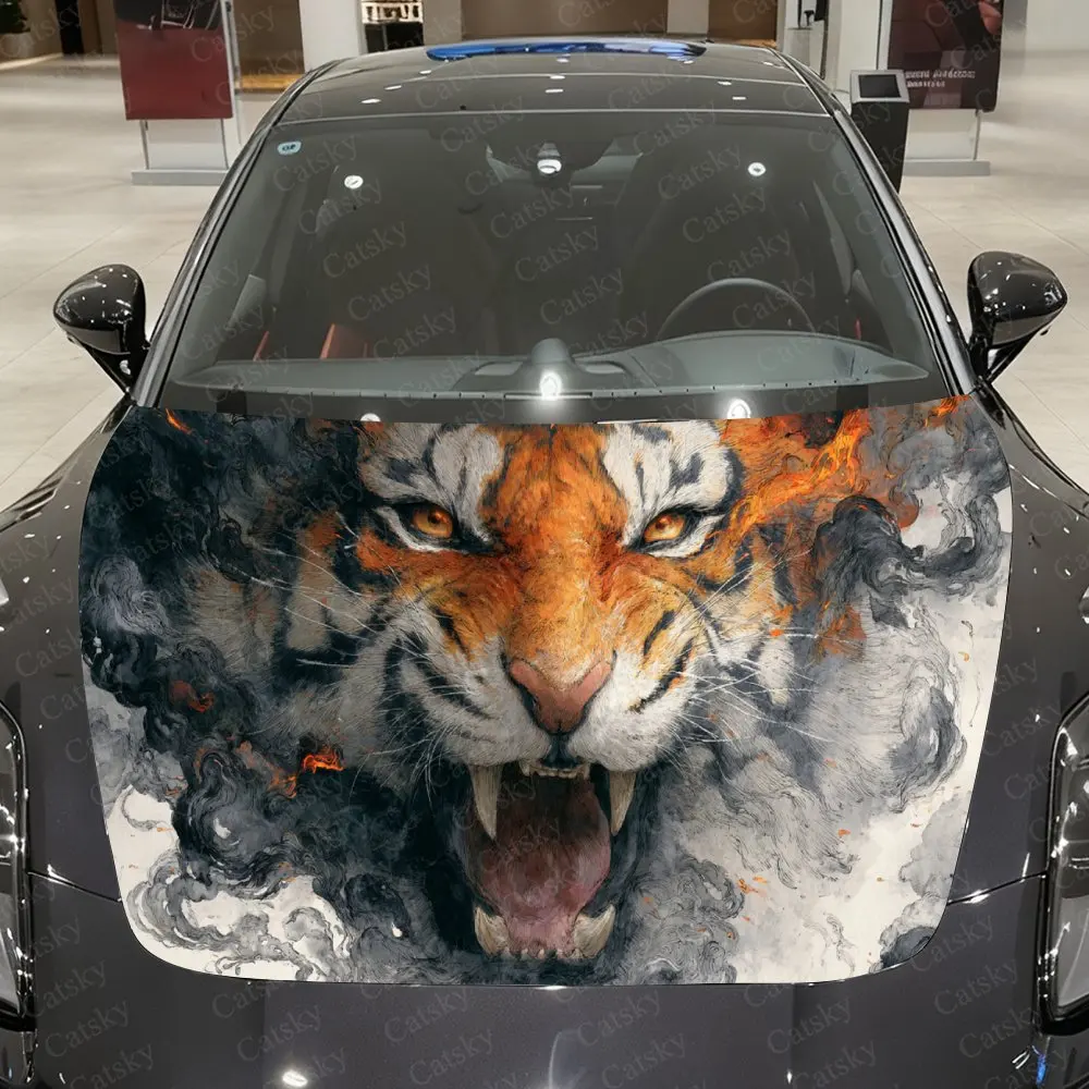 Red Flame Tiger Power Car Vinyl Wrap, PVC Waterproof Car Hood Sticker, Self-Adhesive Scratch-Resistant Stickers