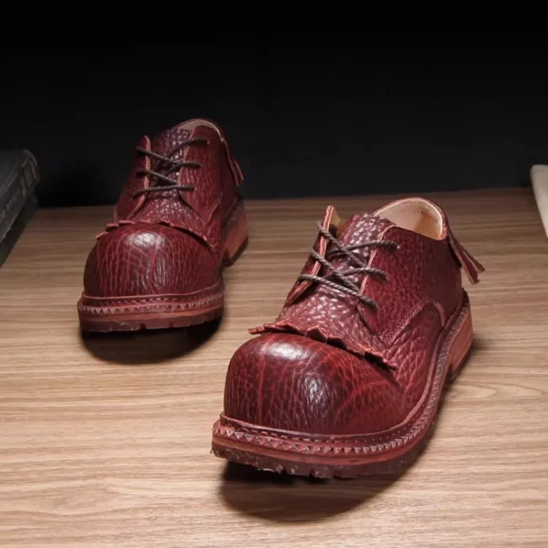 Handmade Derby Shoes Men's High End Genuine Leather Tassel Brown Thick Sole Work Leather Shoes Male Business Retro Trendy