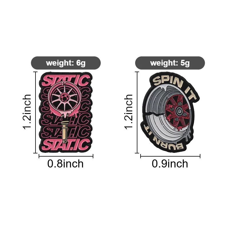 Static Low Stance Suspension & Spin It Burn It Drift Tire Brooch Car Modification UV Printing Pin Bag Lapel Badge Cool Jewelry