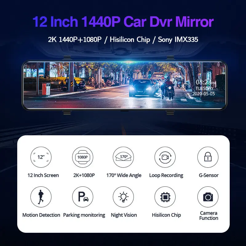 EKLEVA 2K Car Mirror DVR 12 Inch1440P  Camera Dual lens 1080P  Rear Camera   Registrar Special for Right-hand Driver Design