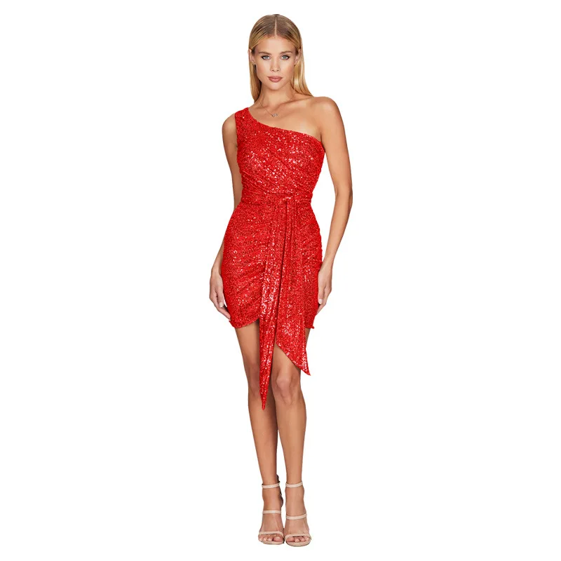 قماش بوليستر حلو وحار عبر الحدود Sle Svel Bodycon Dr iny ترتر واحد من Dr Women's Faion